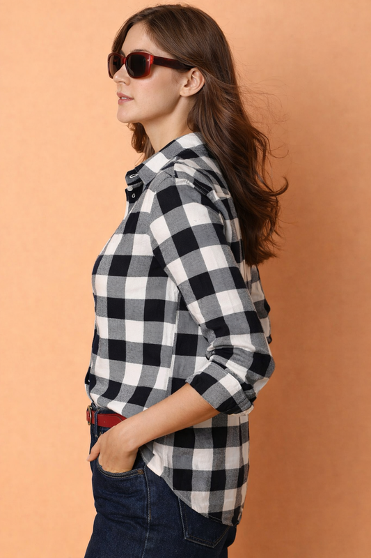 Women’s Black & White Checkered Cotton Casual Shirt